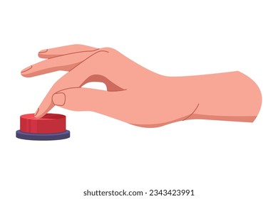 Hand pushing and pressing button. Finger pressing button. Turn on and off. Launch, start, control concept. Vector illustration EPS10