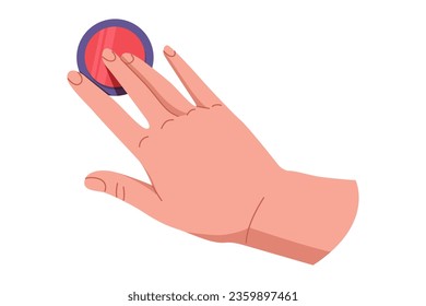 Hand pushing and pressing button. Finger pressing button. Turn on and off. Launch, start, control concept. Vector illustration EPS10