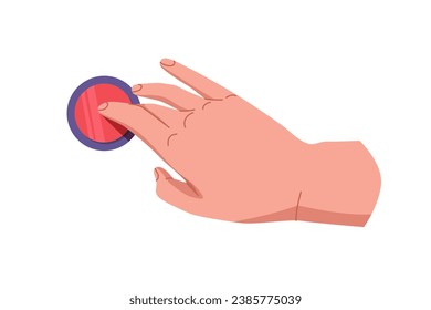 Hand pushing and pressing button. Finger pressing button. Turn on and off. Launch, start, control concept. Vector illustration EPS10
