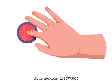 Hand pushing and pressing button. Finger pressing button. Turn on and off. Launch, start, control concept. Vector illustration EPS10