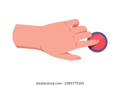 Hand pushing and pressing button. Finger pressing button. Turn on and off. Launch, start, control concept. Vector illustration EPS10