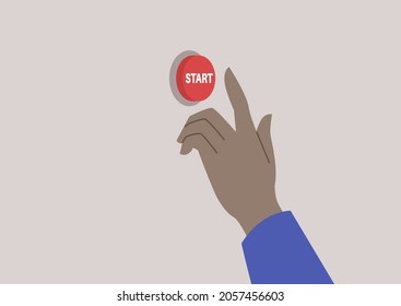 A hand pushing a red start button, the beginning of the challenge