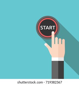 Hand pushing red start button with long shadow on turquoise blue. Beginning, resolution and decision concept. Flat design. EPS 8 compatible vector illustration, no transparency, no gradients