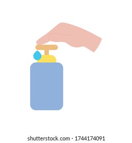 hand pushing the soap bottle icon over white background, flat style, vector illustration