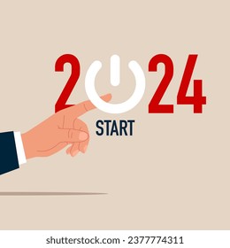 Hand pushing start button. Launch start up company in 2024, Improvement, change management. Vector illustration