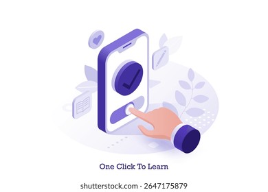 Interruptor de alternância empurrando mão na tela do smartphone. Mulher ou homem usando o telefone para educação on-line ou e-learning. Ilustração de vetor isométrico.