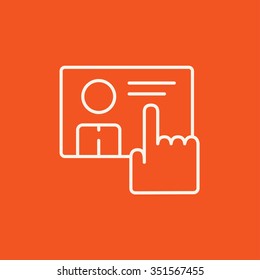 Hand pushing touch screen button line icon for web, mobile and infographics. Vector white icon isolated on red background.