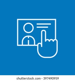 Hand pushing touch screen button line icon.