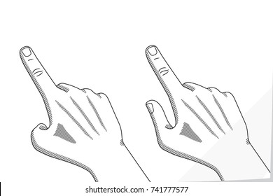 Hand Pushing Touching or Pointing at Transparent Object Similar to Smartphone or Mobile Phone Realistic Technical Sketch - Black on White Natural Paper Effect Background - Vector Graphic Design