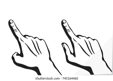 Hand Pushing Touching or Pointing at Transparent Object Similar to Smartphone or Mobile Phone Realistic Contrast Graphic Illustration - Black on White Paper Effect Background - Vector Woodcut Design