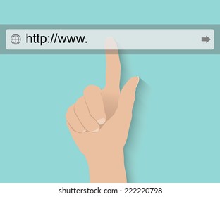 Hand pushing virtual search bar on turquoise background, internet concept  