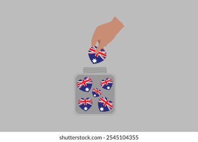 A hand put Australia hearts in a bowl, Australia flag vector graphic, Australia country flag is a symbol of freedom, National Australia flag, vector illustration
