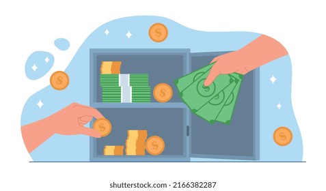 Puso billetes a mano. Metáfora de la alfabetización financiera y trabajo con ahorro. Los personajes toman las monedas de la caja fuerte. Inversión y negocio, concepto de operaciones bancarias. Dibujo vectorial plano de dibujos animados