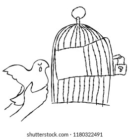 Hand Put a bird to the cage, isolated on white background - hand drawn cartoon.
