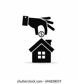 Hand Put Coin Inside The House. Vector Simple Illustration Real Estate Investment.