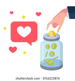 hand put coin into jar or charity box for donation concept illustration flat design vector eps10, graphic element for banner, button, infographic, empty state app or web ui, etc