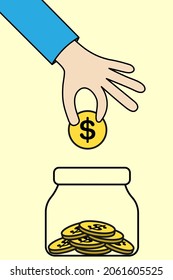 Pon moneda a mano en el frasco, ahorro de dinero, ahorro, banco de dinero