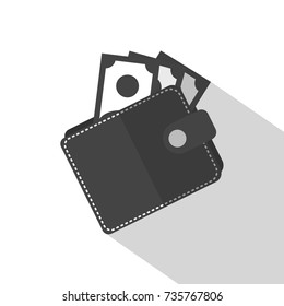 Hand put a coin into the wallet. Hand holding a wallet. Wallet Icon in trendy flat. Vector illustration.