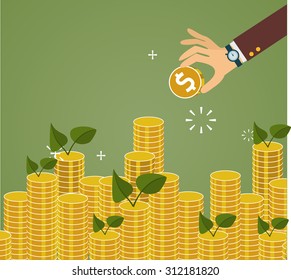 Hand put coin to money staircase