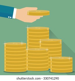 Hand put coin to money vector illustration.
