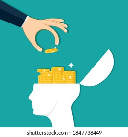 La mano puso una moneda en la cabeza. Concepto financiero. ilustración vectorial