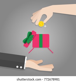 Hand put coin pass gift box to businessman on grey background.