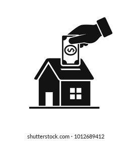 Hand Put Coin In Piggy Bank House. Vector isolated illustration in flat style.