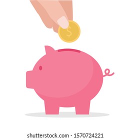 Hand Put Coin To Piggy Bank. Crowd Funding And Savings Concept. Vector Flat Cartoon Illustration For Web Sites And Banners Design.