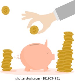 Hand put coin to piggy bank. Piggy bank money savings concept of growth. dollar coins. vector