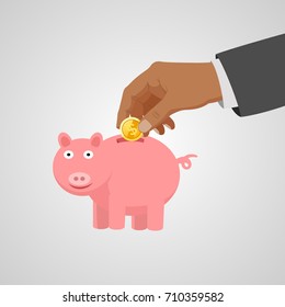 Hand put coin piggy save the money. Vector illustration