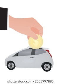 Hand put coin in piggybank to save for car. vector