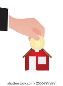 Hand put coin in piggybank to save for house. vector