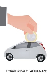 Hand put coin in piggybank to save for car. vector	
