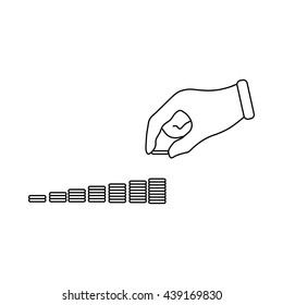 Hand put coins to stack of coins icon