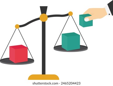 A hand put a cube to add weight at one side.Market intervention, adjustment concepts.

