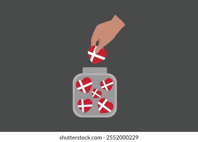 A hand put Denmark hearts in a bowl, Denmark flag vector graphic, Denmark country flag is a symbol of freedom, National Denmark flag, vector illustration
