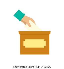 Hand put in election box icon. Flat illustration of hand put in election box vector icon for web isolated on white