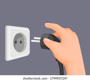 Hand Put Electric Plug To Socket Outlet In Wall. Electricity Energy Saving Symbol In Cartoon Illustration Vector