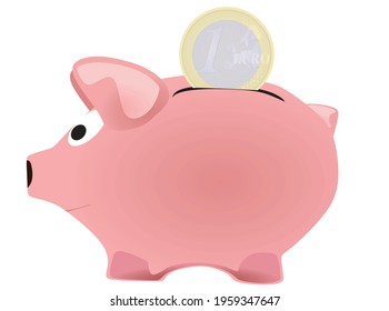 Hand put euro coin in piggybank. vector