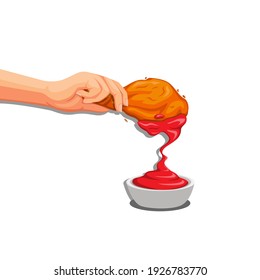 Mano puso pollo frito crujiente a salsa de tomate, concepto de símbolo de producto alimenticio en la ilustración de dibujos animados vector