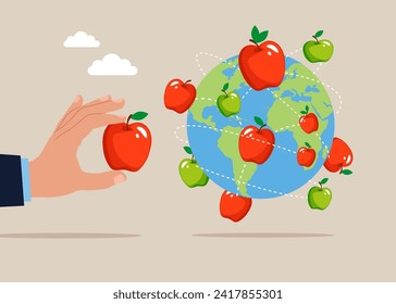 Hand put fruit apple on world map across globe. Financial and investment growth. Flat vector illustration