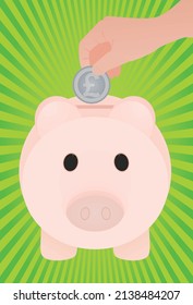 Hand Put GBP Coin In Piggybank. Vector