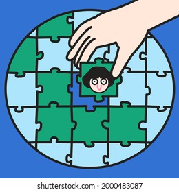 Hand Put The Girl's Head As Last Piece Of Jigsaw Puzzle In Place To Complete The Earth. You Are The Important Part Of The World Concept Card Character illustration