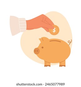 Hand put a gold coin in a gold piggy bank. Saving money concept. Flat vector illustration
