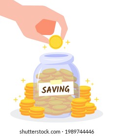 Hand Put A Golden Coin Into The Jar With A Savings Label. The Creative Concept Idea Of Saving Money, Financial, Wealth, Or Rich. Trendy Cute Cartoon Vector Illustration. Flat Style Graphic Element.