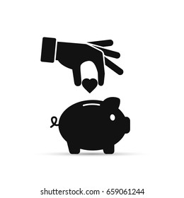 Hand put heart into piggy bank Vector icon, simple illustration.
