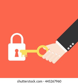 Hand put the key in keyhole. Flat design for business financial marketing banking advertising commercial background minimal vector concept cartoon illustration.
