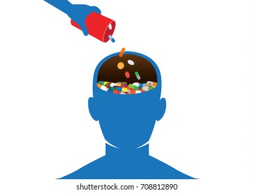 Hand put many medicine into human head. Illustration about effects of Drugs of Abuse on the Brain.