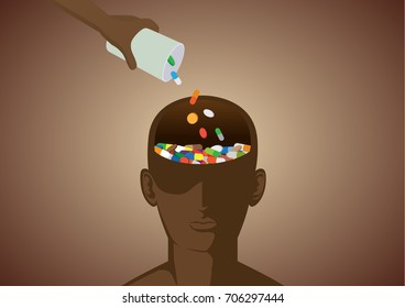 Hand put medicine into human head. Illustration about drug addiction and brain.