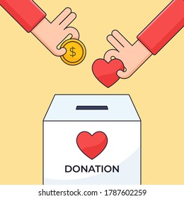 Hand put money coin and heart symbol in a charity box illustration for donation human care concept design